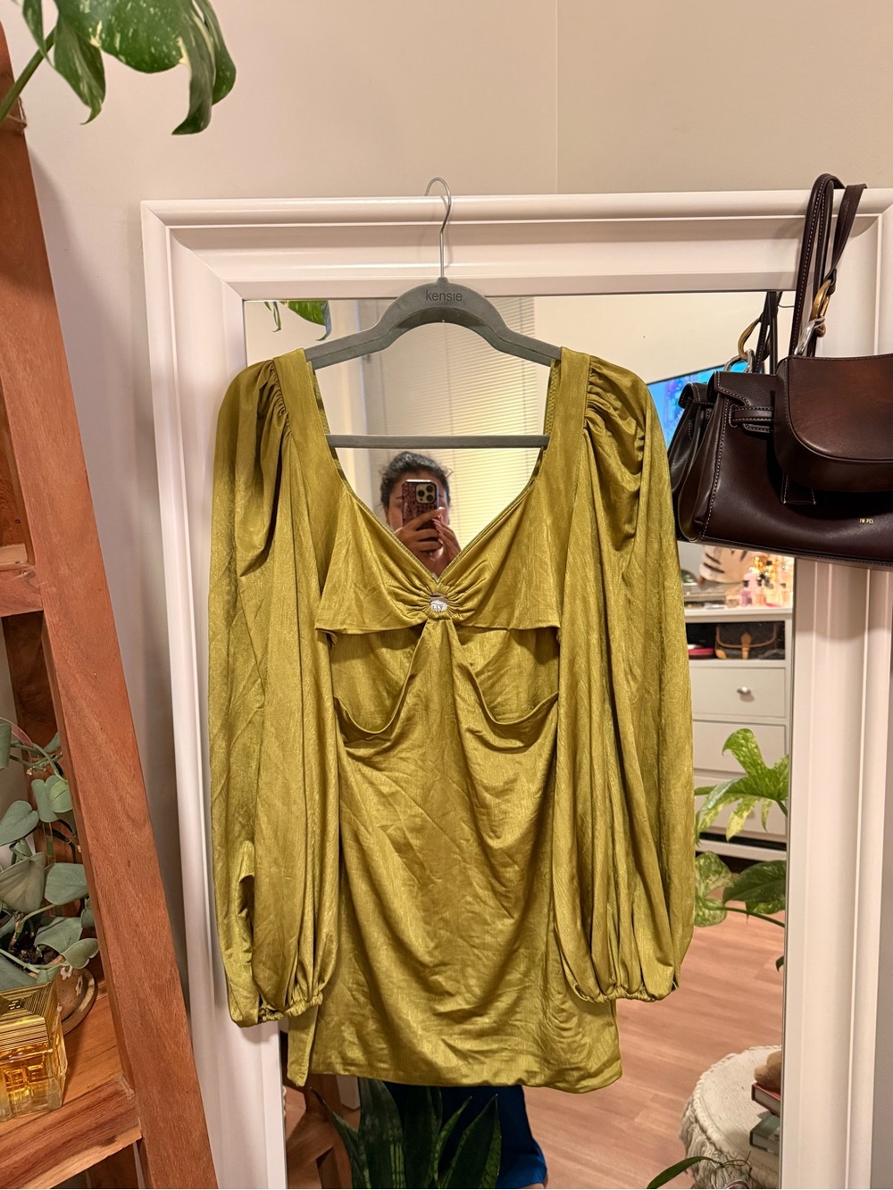 Elegant Olive-Green Satin Dress with Statement Puff Sleeves